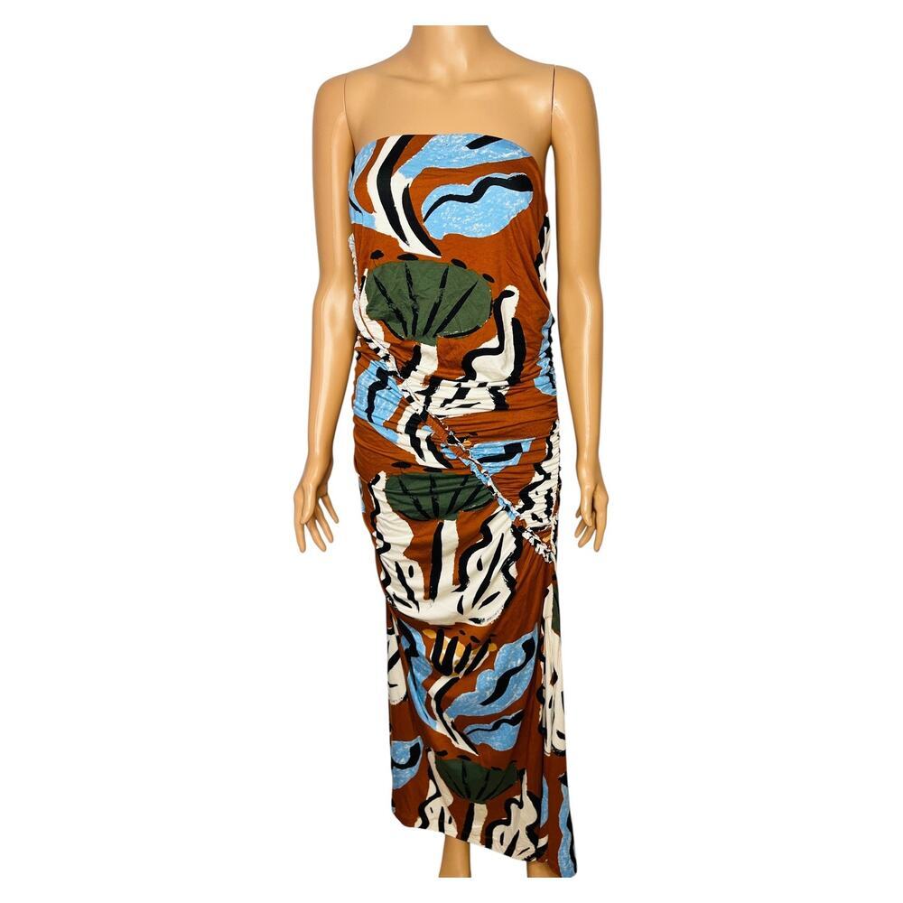 Celandine Suzanne Lustig Gabbie strapless ruched tube dress size L abstract boho